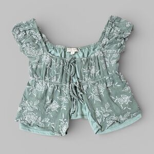 Thirty Thirty Sage Green Floral Embroidered Crop Top